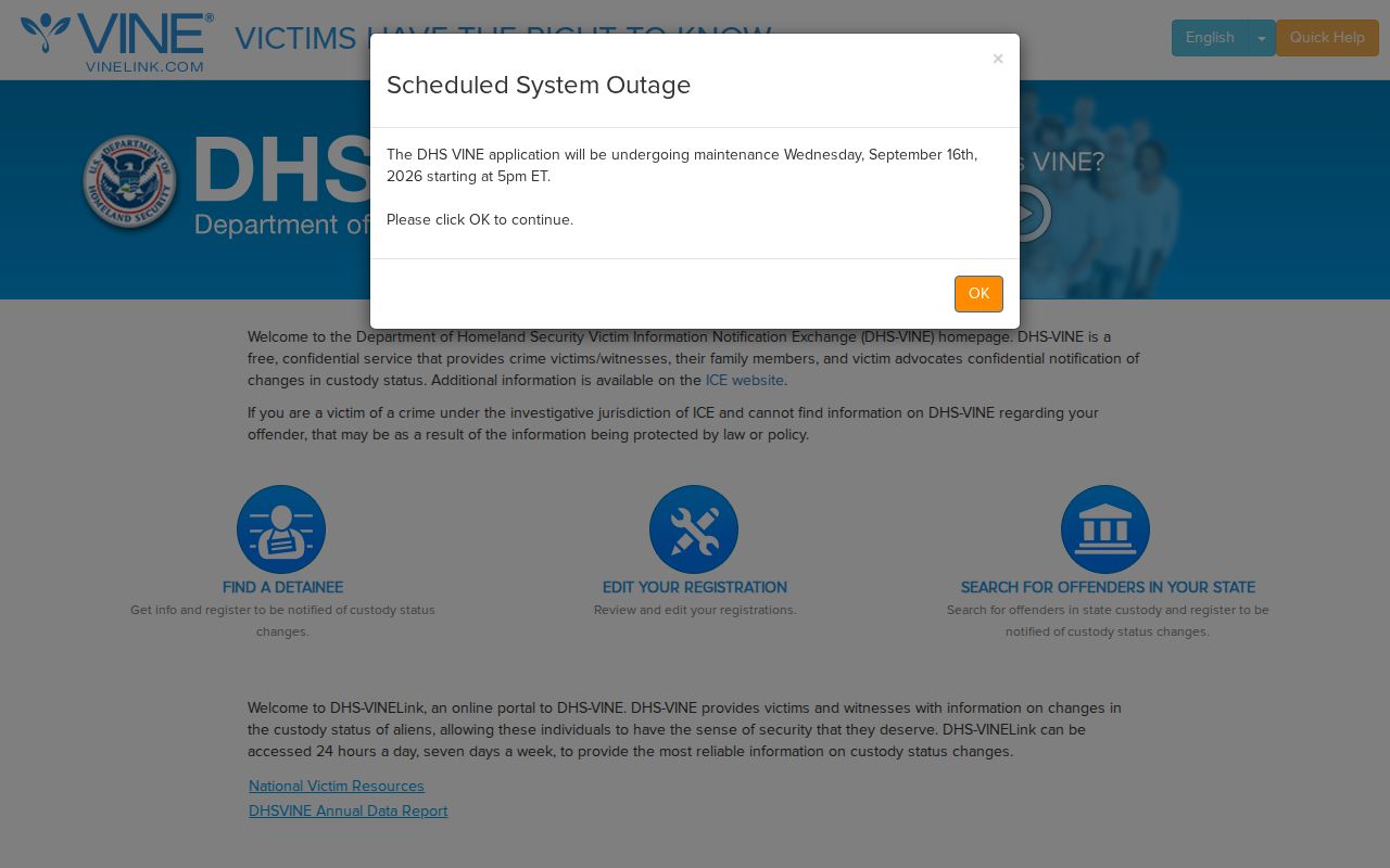 Separate DHS VINELink federal immigration custody interface